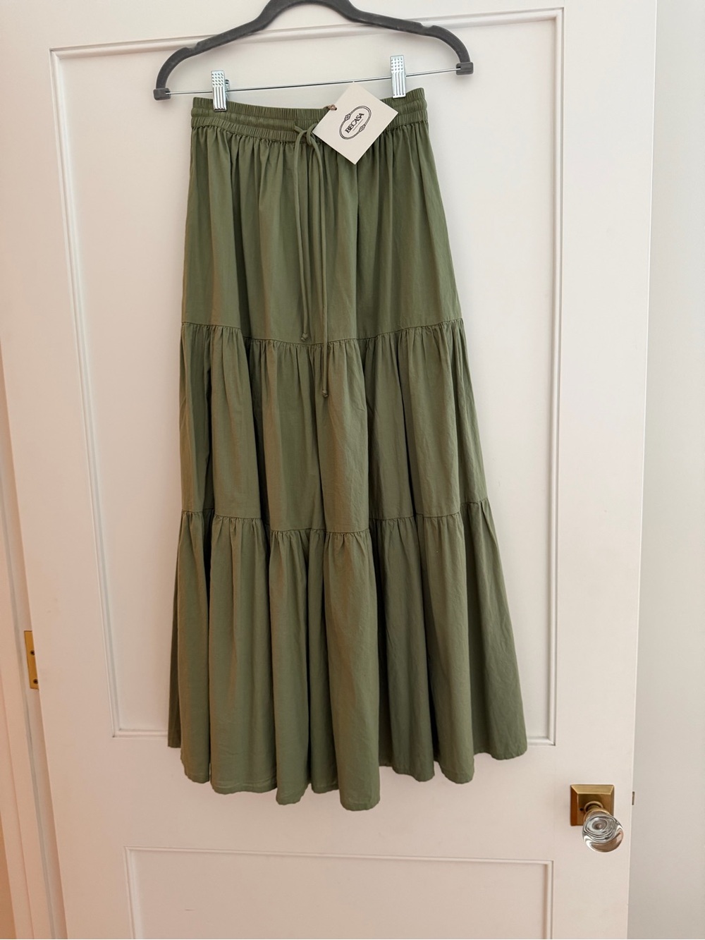 BECASA NWT Tiered Maxi Skirt in Olive with Drawstring Waist